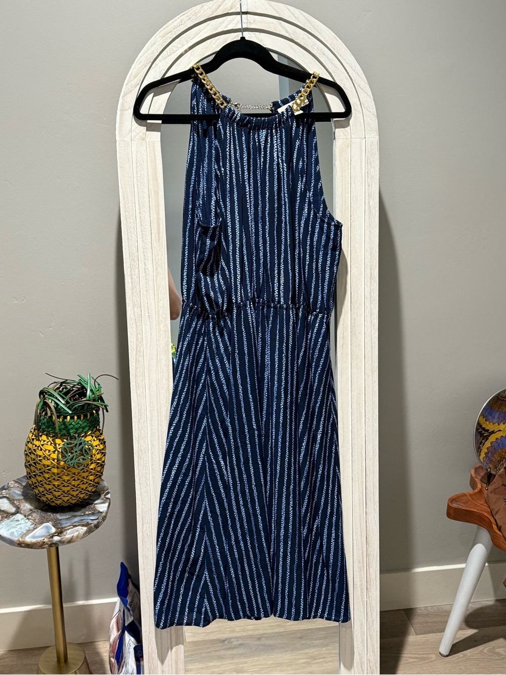 Michael Kors Navy Striped Halter Dress with Chain Detail